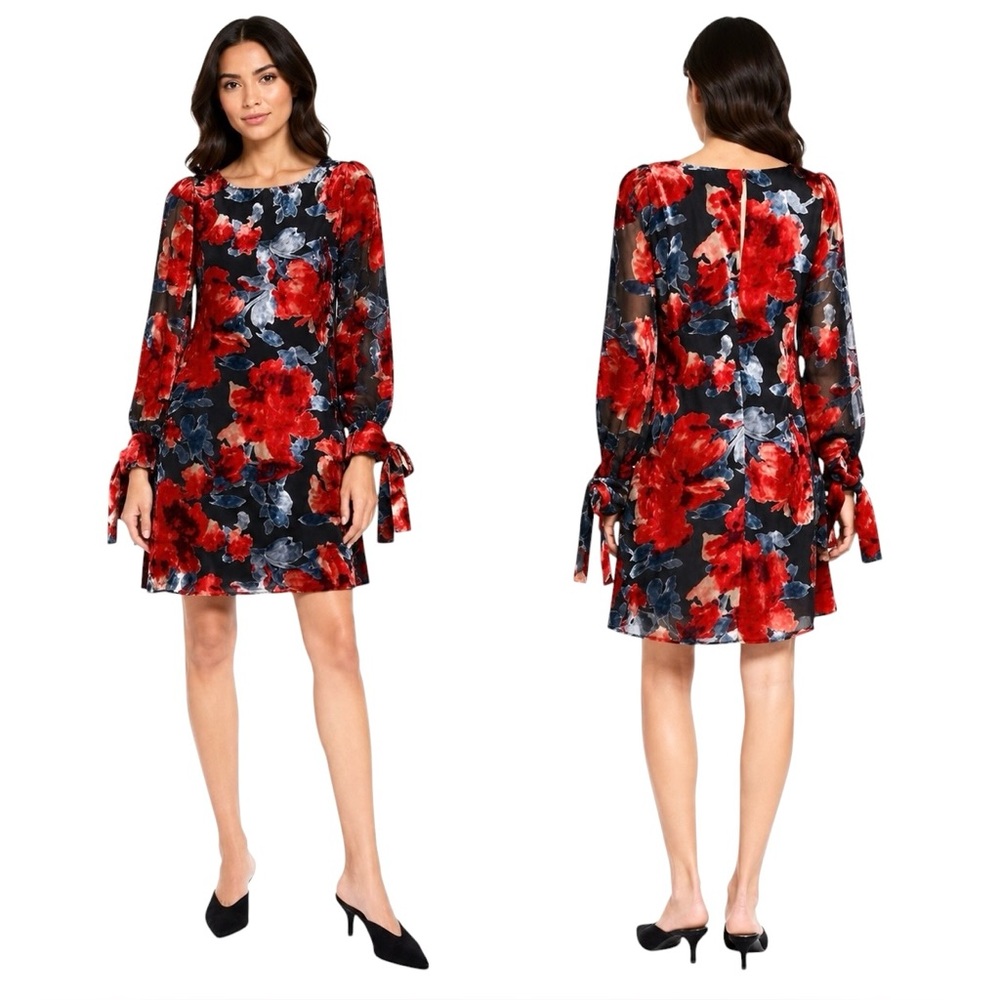 Neiman Marcus Velvet Floral Shift Dress Sz 8 NWT Long Sleeve Holiday Party Dress